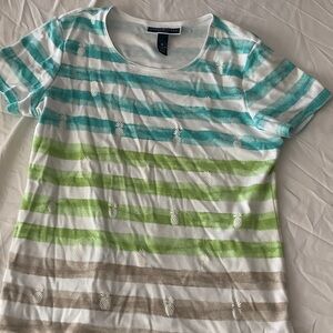 Karen Scott Striped Short Sleeve Tee - Blue, Green, Tan